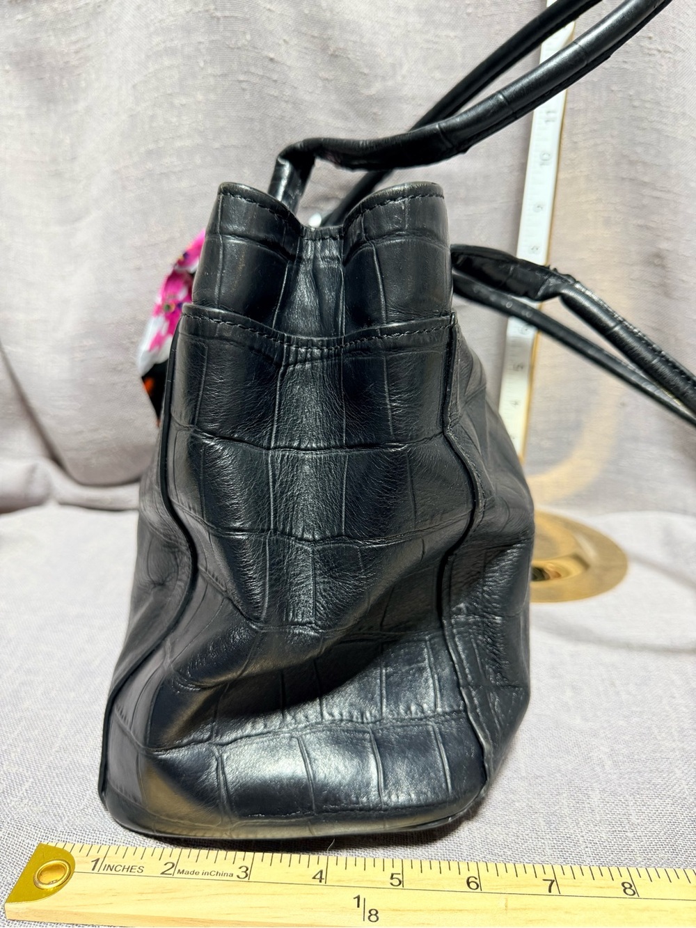 Coach Black Croc-Embossed Leather Tote with Floral Scarf Accent - Picture 2 of 11